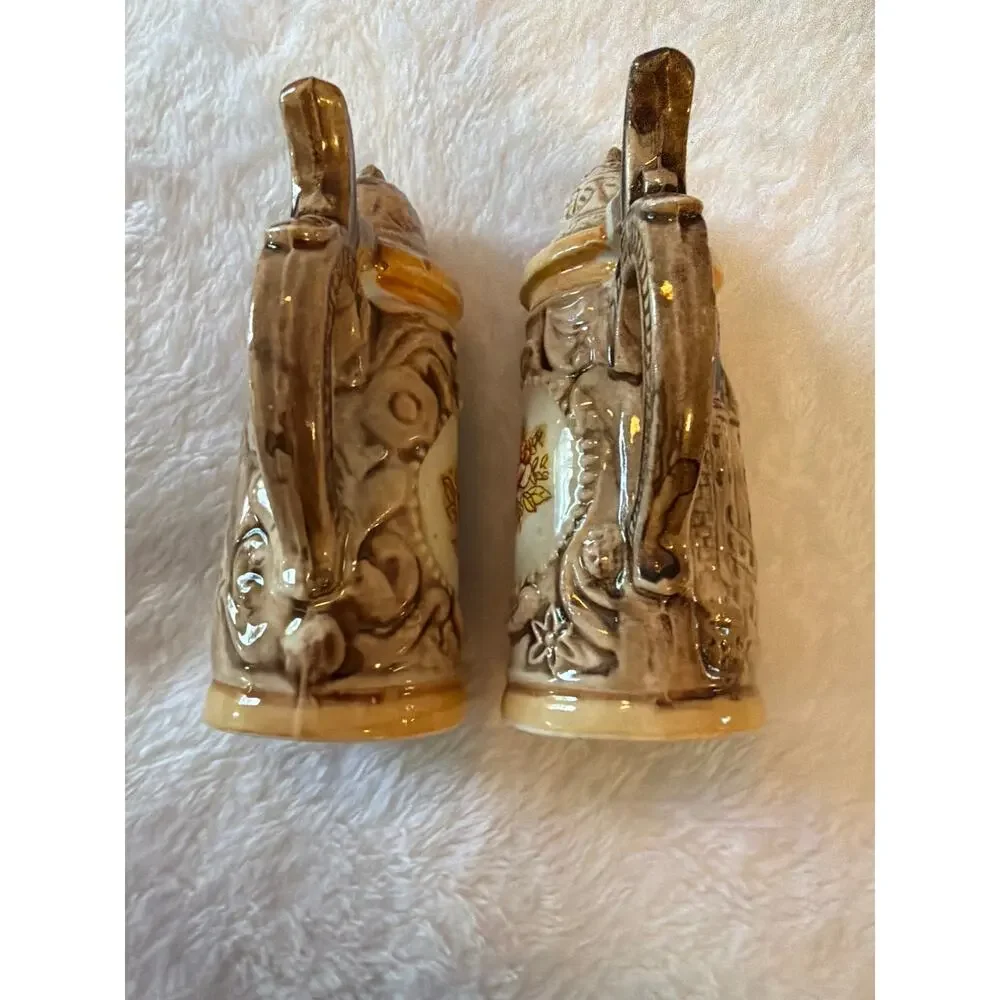 Vintage Mini Ceramic Beer Stein Salt & Pepper Shakers Floral Relief Japan Set 2